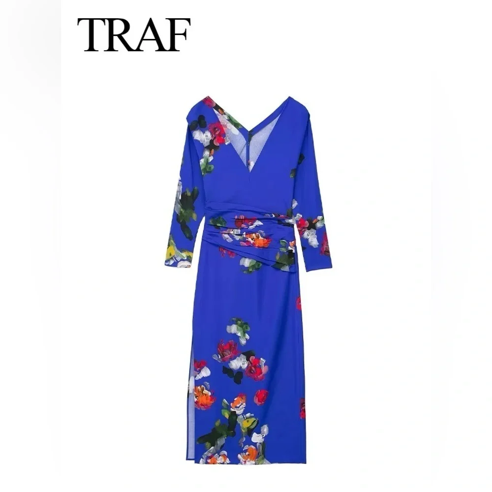 ZARA TRAF S/S 24 Hand Dyed Blue Floral Chinoserie Dress Draped Long Sleeve Sz M
